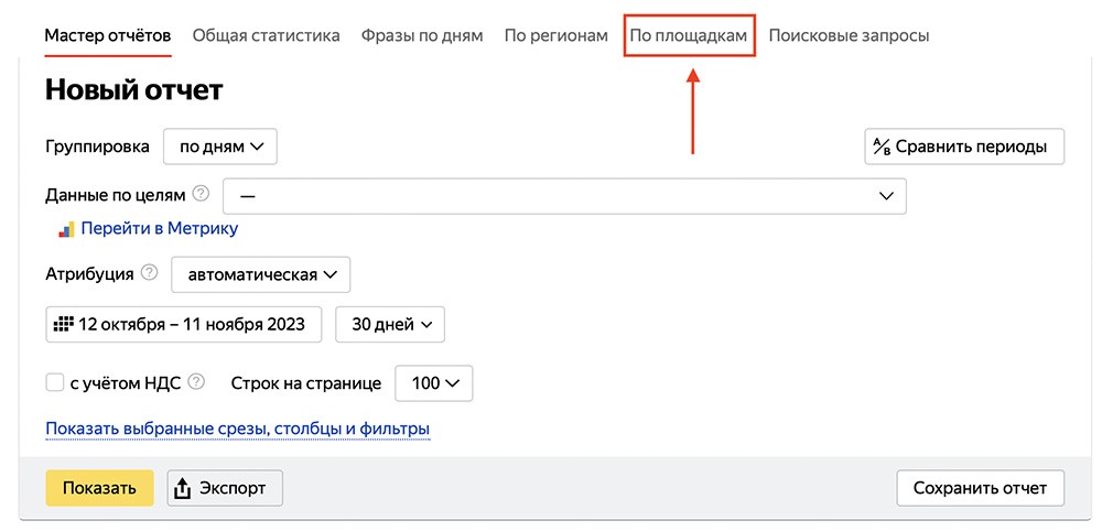 Вкладка По площадкам в Яндекс Директ